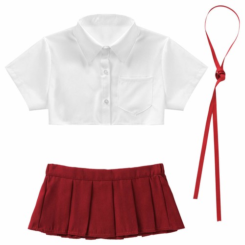 Sexy Schulmädchen Kostüm Halloween Cosplay Kurazrm T-shirt Top mit Faltenrock - Picture 5 of 24