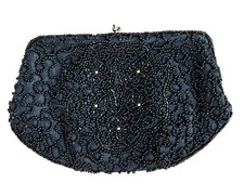 Walborg Vintage Black Beaded Evening Purse Clutch Made in Belgium by Hand