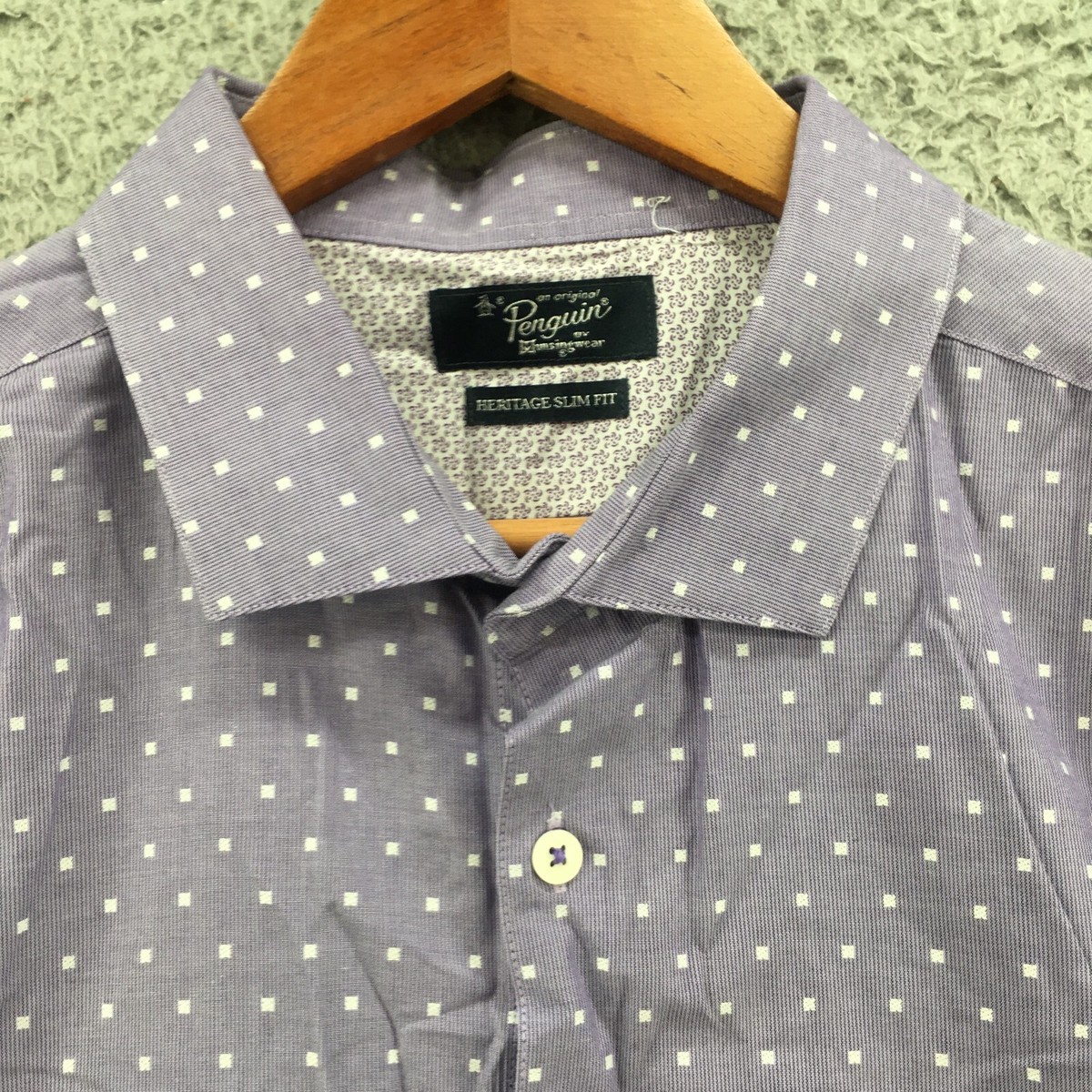 Penguin Button Up Long Sleeve Shirt Mens L Purple Cotton Slim Fit