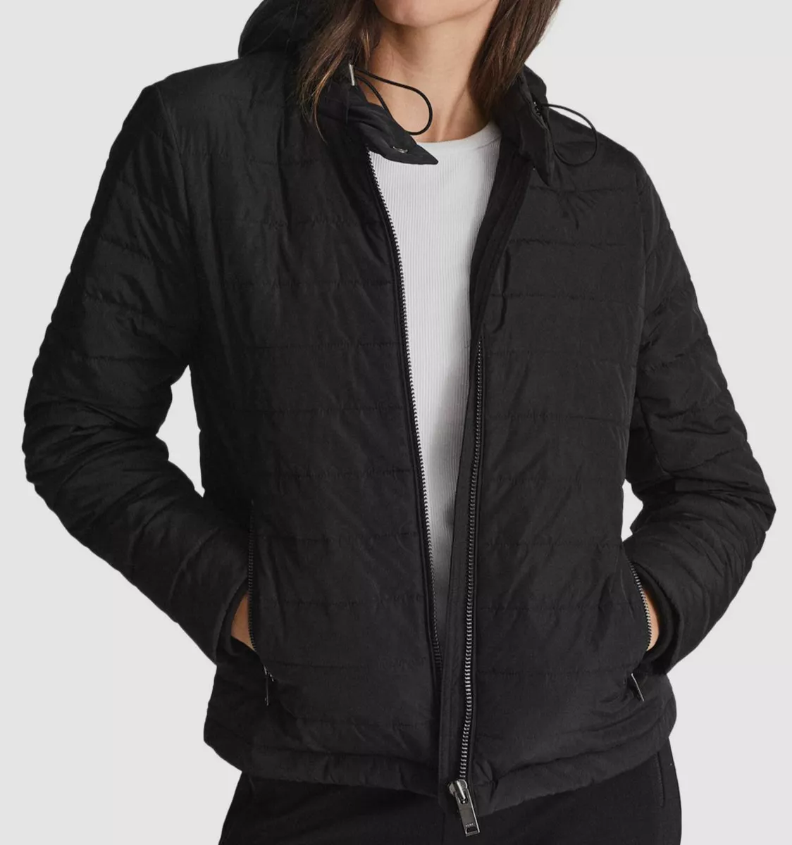 $375 Reiss Women's Black Sonia Hooded Quilted Insulated Puffer Jacket Size  XS | eBay