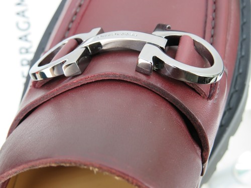 FERRAGAMO BURGUNDY LEATHER FLORIAN LUG SOLE GANCINI BIT LOGO LOAFERS 11 EE 44 IT - Picture 4 of 12