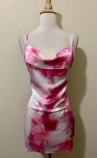 Womens NEW!!! XS. Hot pink and white silky cowl neck cami short bodycon dress