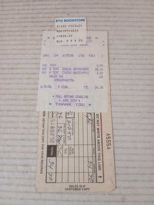 BYU Bookstore Sales Receipt 1986 Vintage Provo Utah