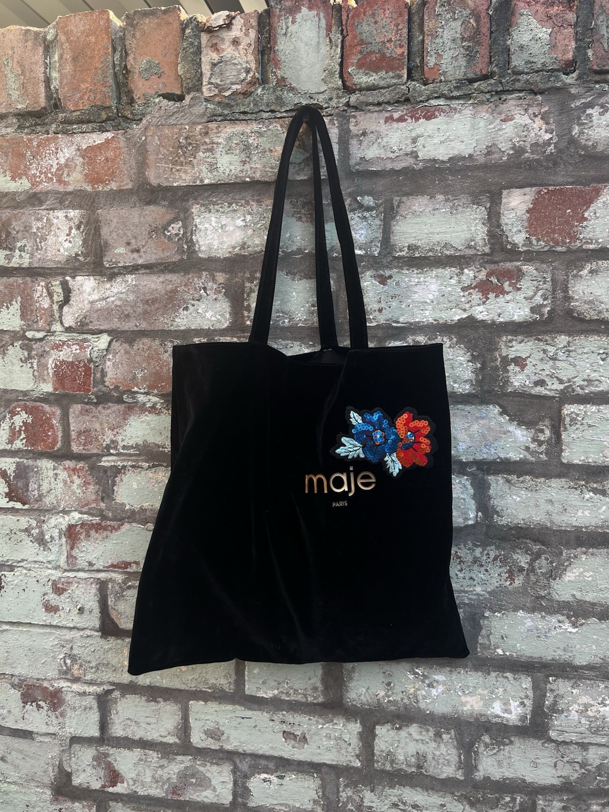 Maje Tote Bag Velvet Logo Shopper Floral Sequin Patch Shoulder Black