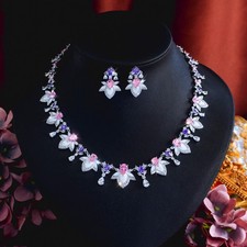 Women Flower Fringe Necklace Earrings Silver Plated CZ Enamel Bridal Jewelry Set