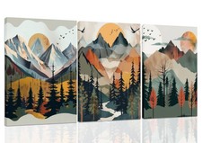 3Pcs Mountain Wall Art Boho Abstract Sunset Canvas Prints Forest Landscapes P...