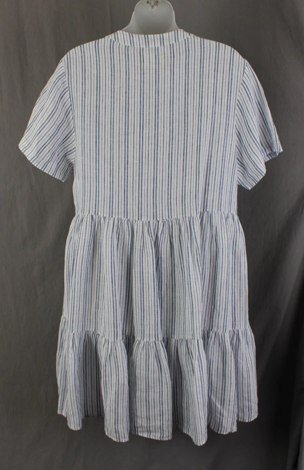 9 Seed Women's Light Blue White Striped 100% Cotton V Neck Short Sleeve Dress S - Image 2 of 4
