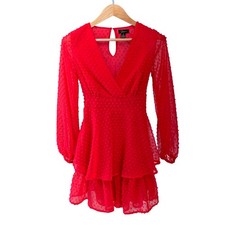 Jopna Red Swiss Dot V Neck Long Sleeve Tiered Mini Dress Women Size S Romantic