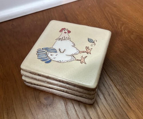 Rooster Chicken Ceramic Tile Coaster 4.25” Rustic Kitchen Set of 4 Cottage - Picture 12 of 14