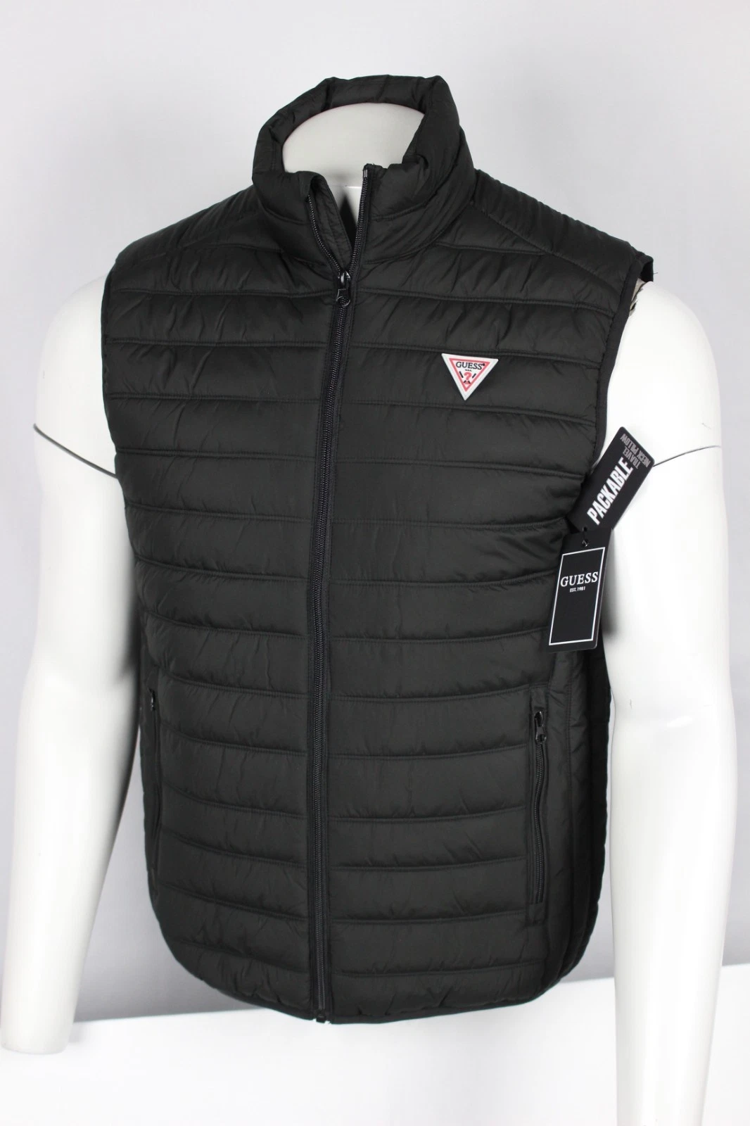 Guess Jeans Men's Olli Quilted Packable Puffer Vest Jet Black Logo