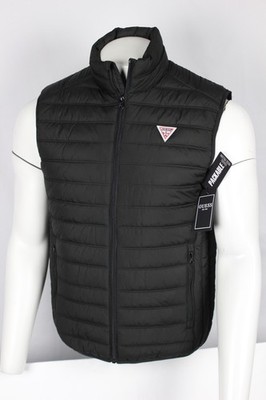 Guess Jeans Men's Olli Quilted Packable Puffer Vest Jet Black Logo