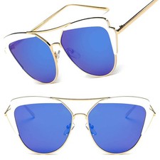 Luxury Classy Exotic Women's Brow Bar Blue Mirrored Lens Cat Eye Sunglasses