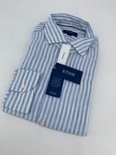 Eton Dress Shirt Men XL 17 1/2 - 44 Blue White Striped Slim Fit Formal Button Up