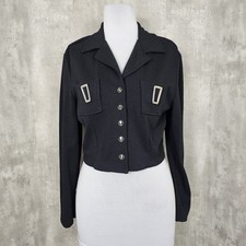Vintage 90s Cache Womens 14 Black Knit Nylon Cropped Jacket Button Front L/S