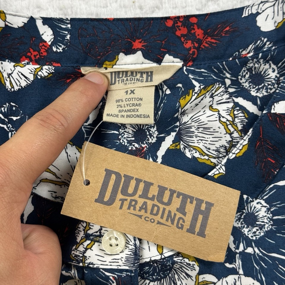 Duluth Trading Co Shirt Womens 1X Blue Floral Print Wrinklefighter ...
