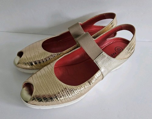 Pas De Rouge Silvia Peep Toe Slingback Mary Jane Sandals Sz 39 8.5 Metallic Gold
