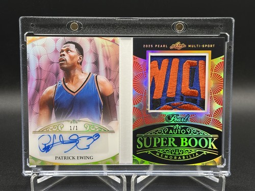 Patrick Ewing 1/1 Auto Leaf Pearl GAME USED Jersey KNICKS Logo Patch Book