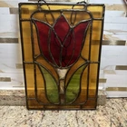 Vintage Tiffany Style Stained Glass Framed Window  Red Tulip 8”X11”