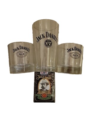 Lot Of Jack Daniels Old No7 2 Rock Glasses And 1 Pint Glass, Set Of New Cards
