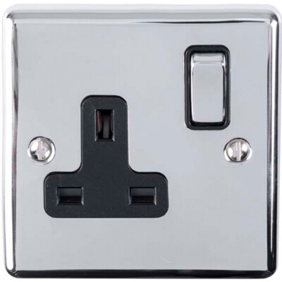 1 Gang Single UK Stecker Steckdose POLIERT CHROM & schwarz 13A Schaltsteckdose