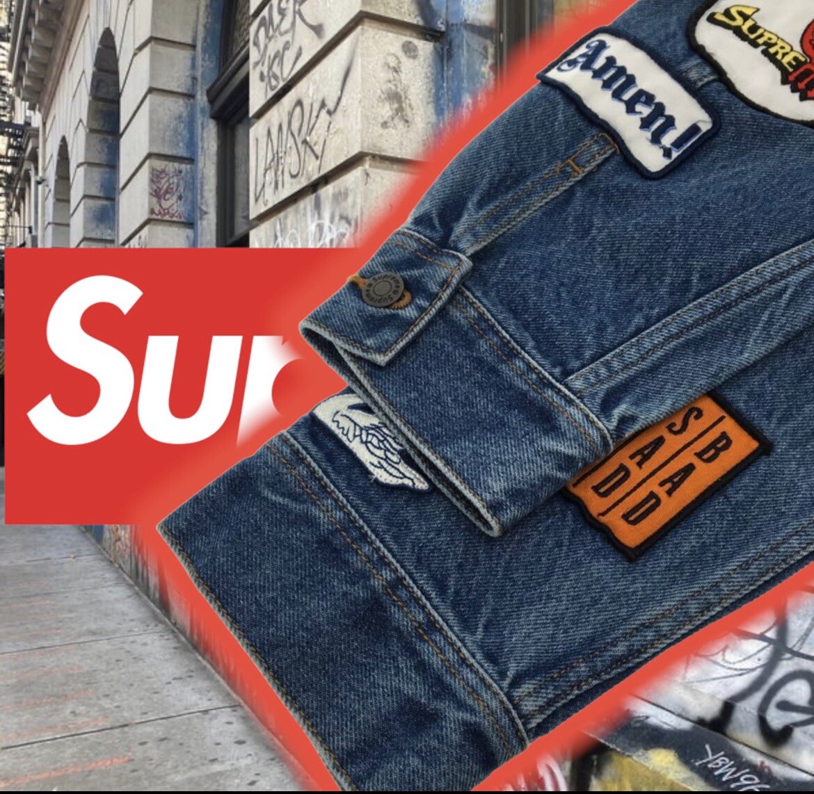 HYPE STUFF - Supreme Patches Denim Trucker Jacket Blue