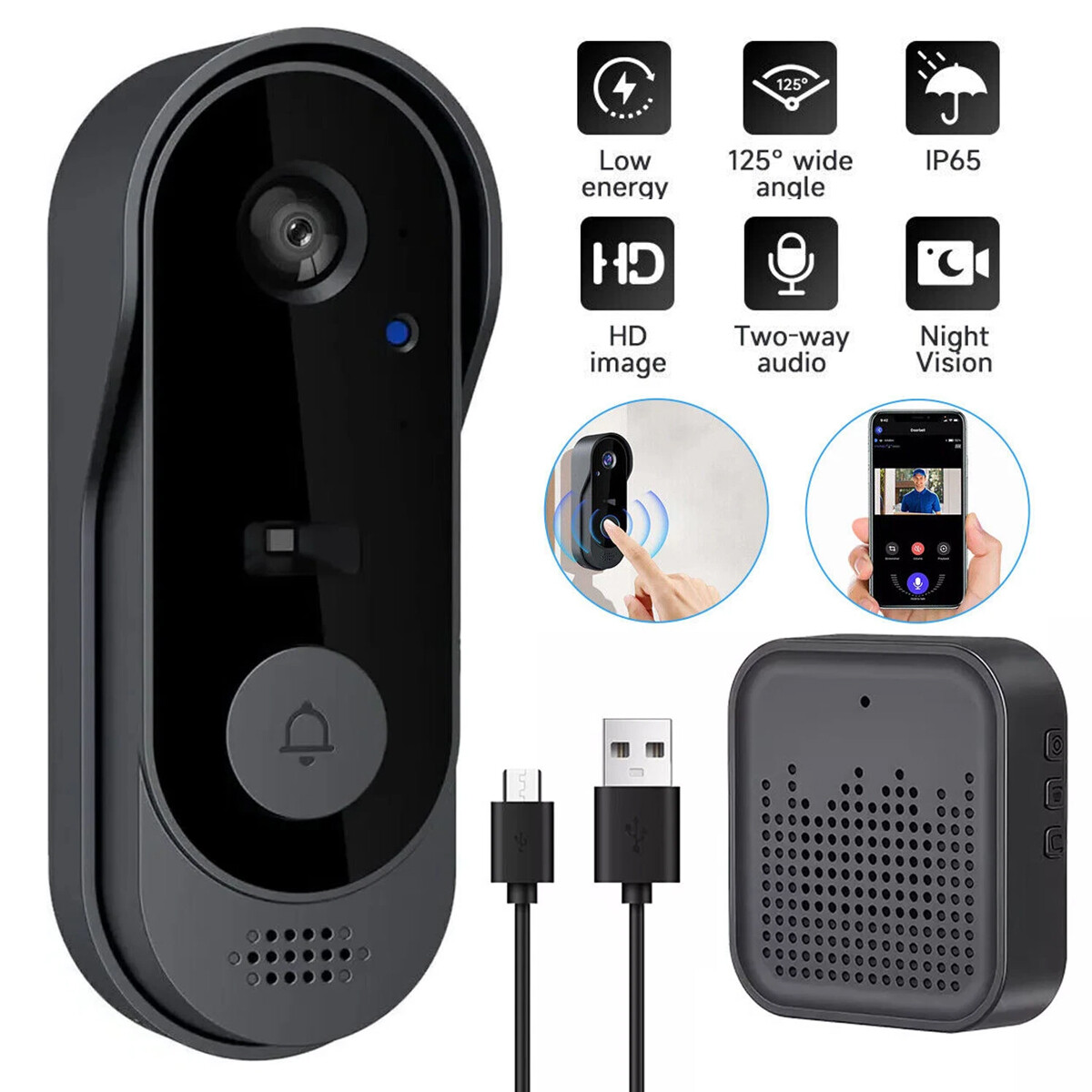Smart WiFi Video Doorbell with Intercom and Wireless Chime