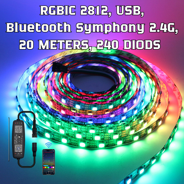 Led Strip Lights RGB 2812, 20 meters, USB, 12 diods per metr, Bluetooth 2.4G-image