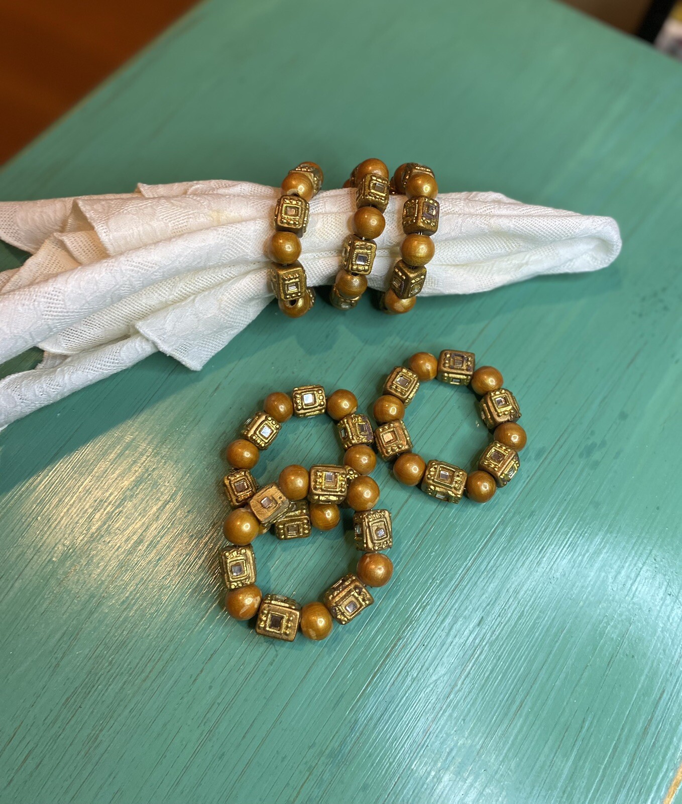 Pier 1 Gold bead and jeweled napkin rings Set Of 6 Boho napkin rings