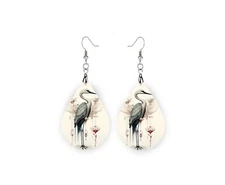 Crane Bird Print Wood Dangle Teardrop Print Earrings Jewelry