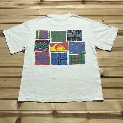 Vintage 90s Quicksilver Wave Surf Flower Block Art Graphic Shirt Size XL Youth