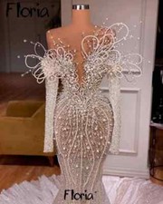 Luxury Modern 3D Flower Full Pearl Wedding Dress Glitter Bridal Engagement Dress