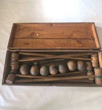 6 Player Antique Vtg Victorian Croquet Set in Wood Box Mallets Balls