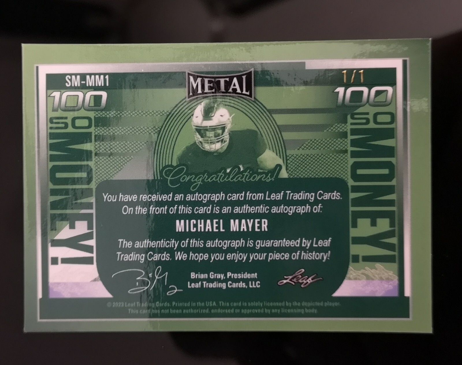 #d 1/1 AUTO 🔥 MICHAEL MAYER RC 2023 Leaf Metal Draft Gold Crystal So ...