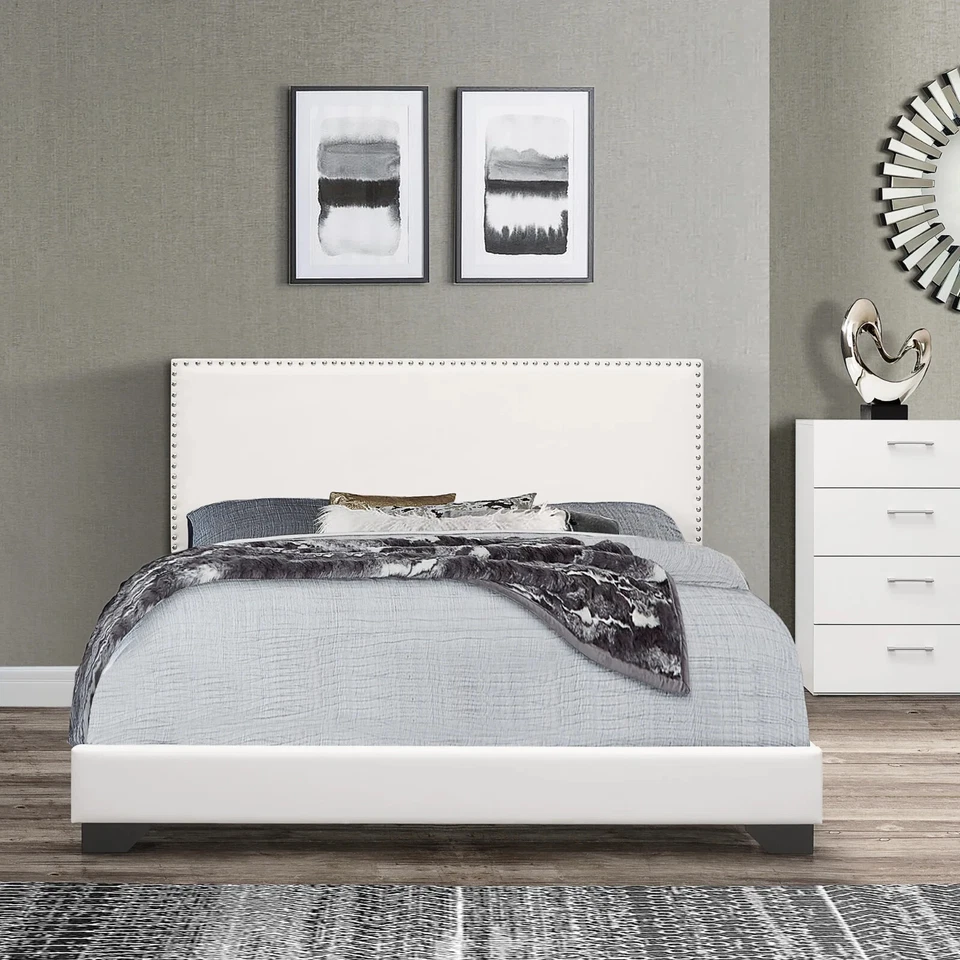 Base y Cabecera Marco De Cama blanco Queen Size Moderna Plataforma Tapizada Tela - Image 3 of 4