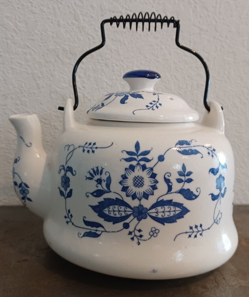 Blue And White Porcelain Tea Kettle With Metal Handle 6.5