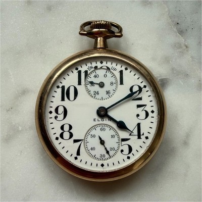 Elgin Father Time 21J Pocket Watch Up/Down Indicator J Boss Gold Filled Runs