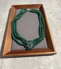 Vintage Style Necklace 3 Strands Emerald Green Glass Beads Silver Tone Box Clasp