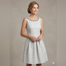Tahari Silver Textured Dress with Pearl Embellishments