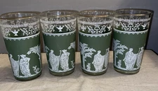 Vintage Jeanette Jasperware Hellenic Green Greek Tumbler Glasses Set Of (4)