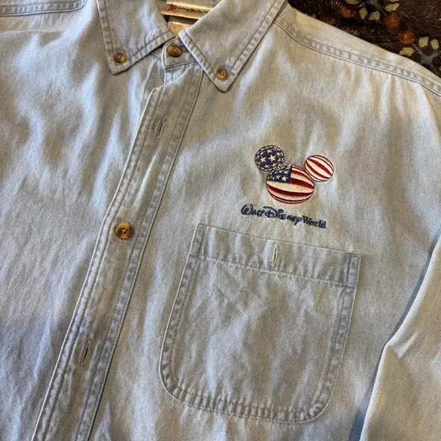 Disney World Mickey & US Flag Denim Shirt, Light Wash, LIGHTLY USED