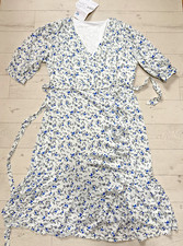 Plus Size 22 White Blue Floral Print Wrap Midi Dress NEW