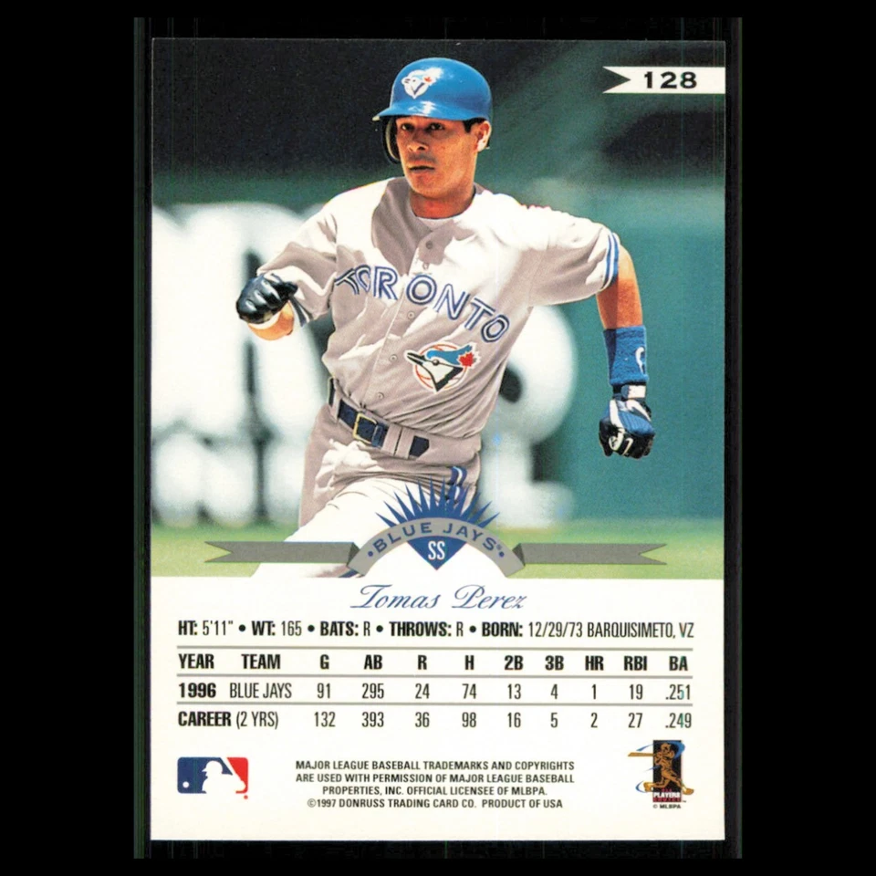 Tomas Perez #128 1997 Leaf Toronto Blue Jays Baseball Card MLB NM - Image 2 of 3