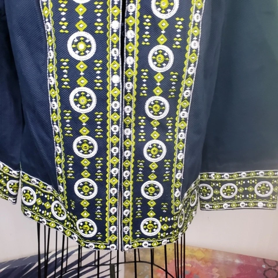 Chaqueta Victor Costa Mujer Azul Marino Algodón Verde Geométrica Bordada Talla Pequeña Foto 4 de 4