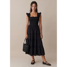 Kourt Calypso Black Swiss Dot Cotton Smocked Tiered Midi Dress Ruffle Straps L