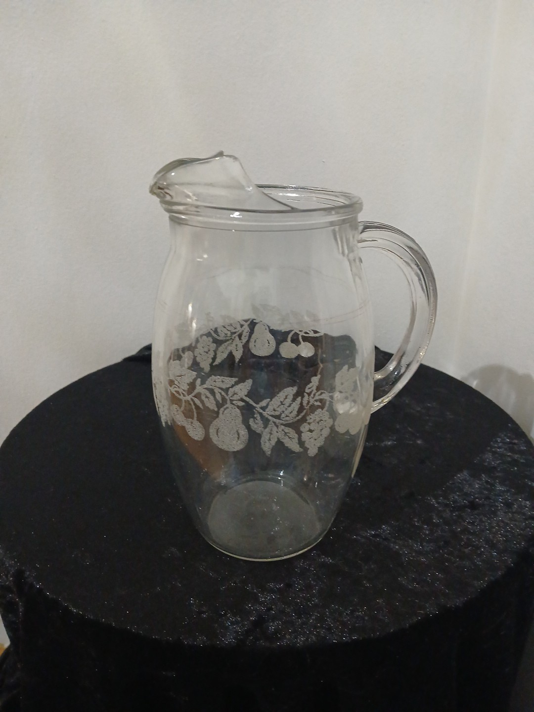 Small Pitcher with Textured Design Grapes, Pears, Leaves, Cherries