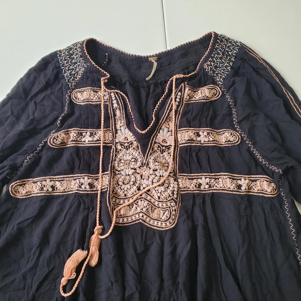 Vestido túnica Free People para mujer mediano azul marino bordado boho campesino borla top Foto 2 de 4