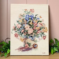 VTG Candamar Finished Needlepoint Basket Floral Cabbage Roses Bouquet Bow Ribbon