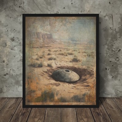 Vintage UFO CRASH Wall Art, Roswell Alien Desert Decor, UAP Cryptid Area 51 Gift