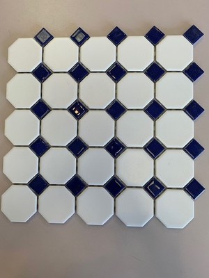Daltile 2  White  Octagonal With Cobalt 1'' Dot  Mosaic Tile Sheet