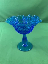 Fenton Colonial Blue Hobnail Footed Pedestal Compote Glass Dish, Ruffled Edge